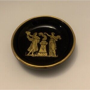 VTG Greek Black Porcelain 3.5” coaster Hand Made Greece  24k Gold
